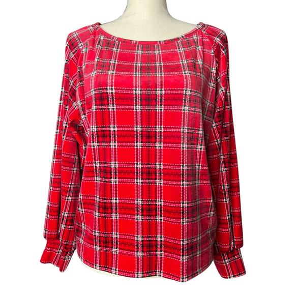 LOFT Women's Velour Blouse in Christmas Red Plaid w/Full Sleeves Size Small - Picture 1 of 6